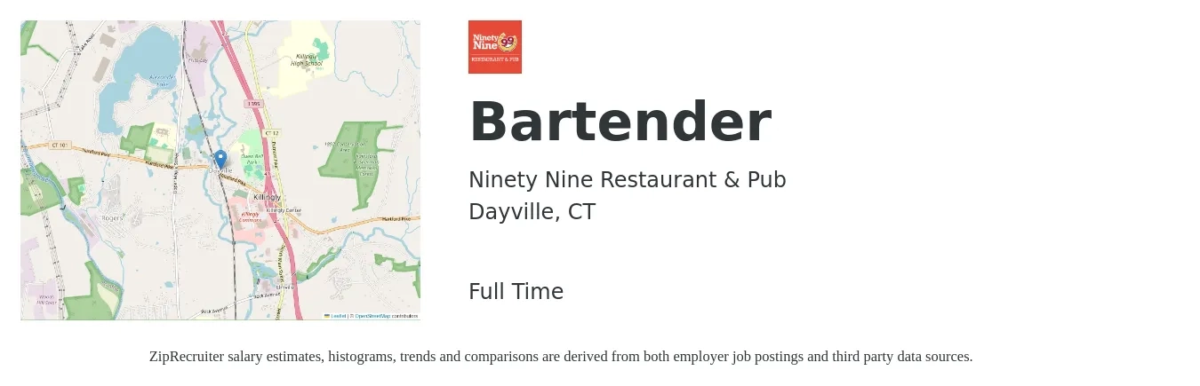 Ninety Nine Restaurant & Pub job posting for a Bartender in Dayville, CT with a salary of $10 to $18 Hourly with a map of Dayville location.