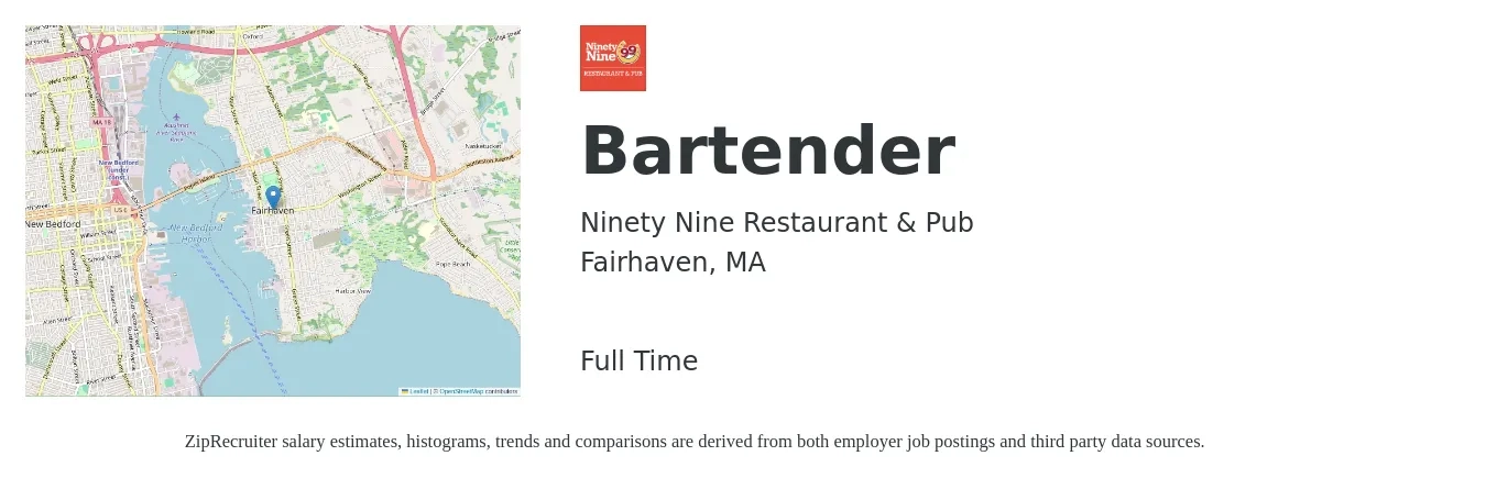 Ninety Nine Restaurant & Pub job posting for a Bartender in Fairhaven, MA with a salary of $10 to $19 Hourly with a map of Fairhaven location.