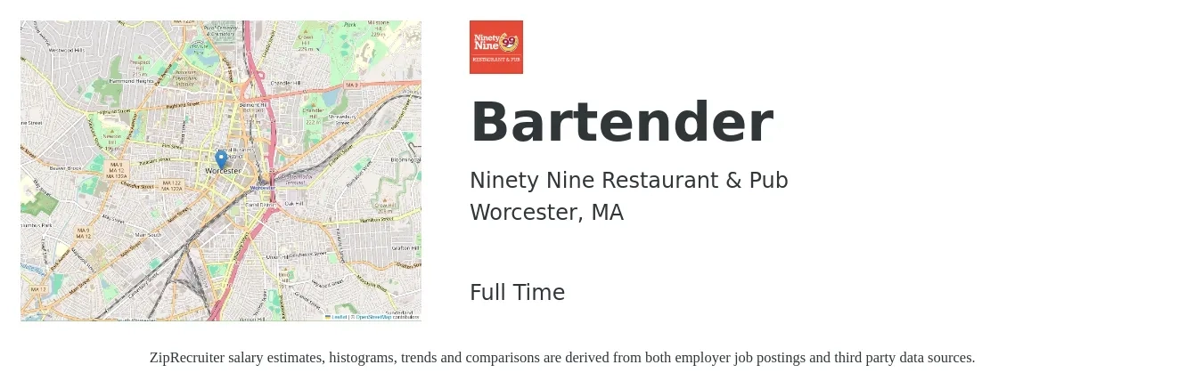 Ninety Nine Restaurant & Pub job posting for a Bartender in Worcester, MA with a salary of $10 to $19 Hourly with a map of Worcester location.