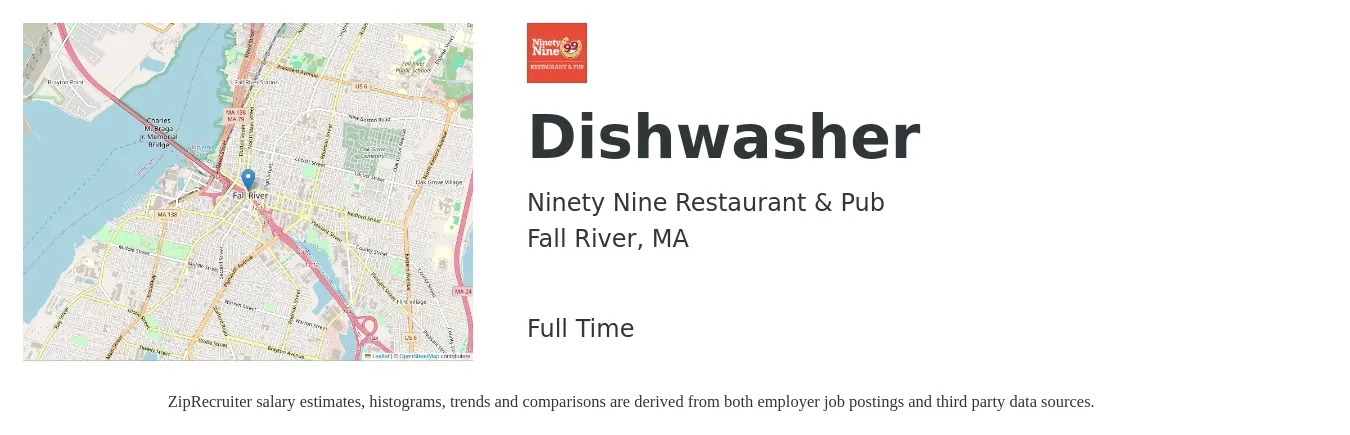 Ninety Nine Restaurant & Pub job posting for a Dishwasher in Fall River, MA with a salary of $13 to $17 Hourly with a map of Fall River location.