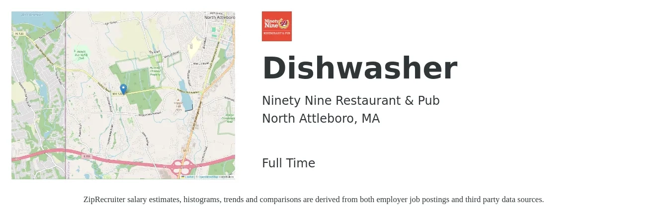Ninety Nine Restaurant & Pub job posting for a Dishwasher in North Attleboro, MA with a salary of $13 to $16 Hourly with a map of North Attleboro location.