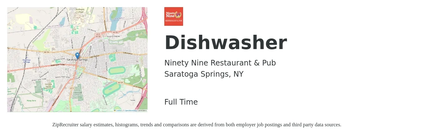 Ninety Nine Restaurant & Pub job posting for a Dishwasher in Saratoga Springs, NY with a salary of $13 to $17 Hourly with a map of Saratoga Springs location.