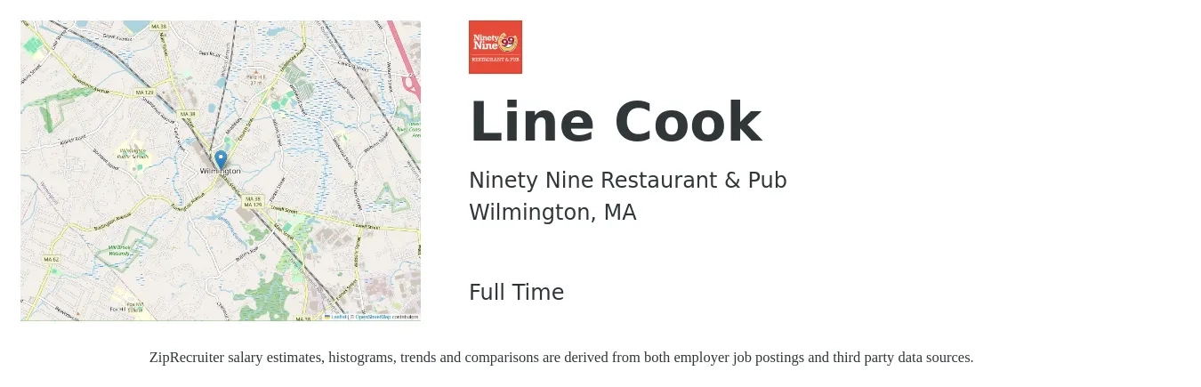 Ninety Nine Restaurant & Pub job posting for a Line Cook in Wilmington, MA with a salary of $17 to $22 Hourly with a map of Wilmington location.
