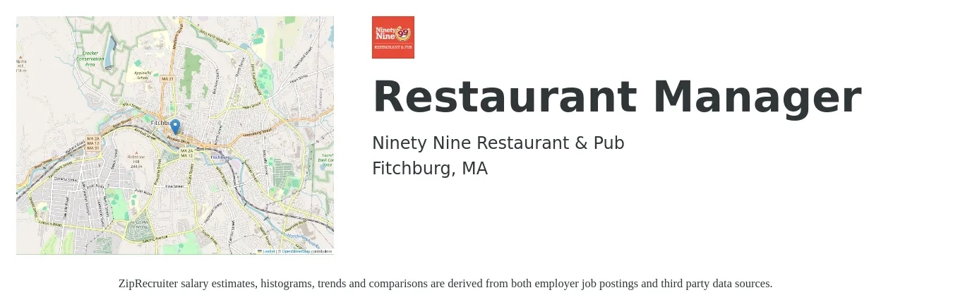 Ninety Nine Restaurant & Pub job posting for a Restaurant Manager in Fitchburg, MA with a salary of $45,500 to $64,200 Yearly with a map of Fitchburg location.