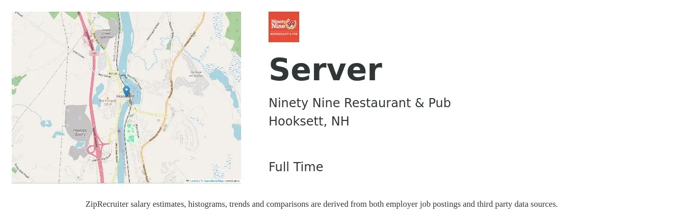 Ninety Nine Restaurant & Pub job posting for a Server in Hooksett, NH with a salary of $11 to $18 Hourly with a map of Hooksett location.