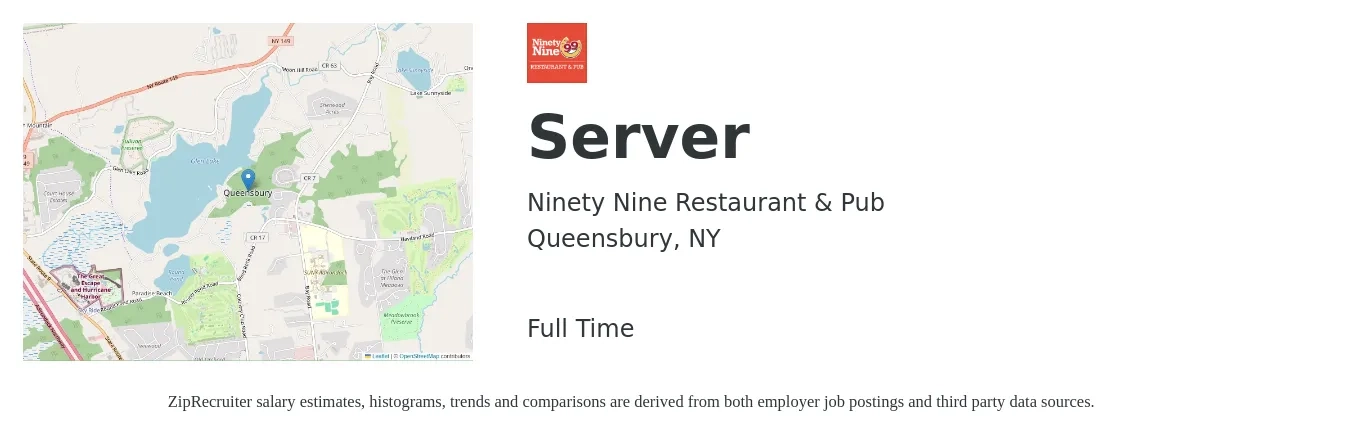 Ninety Nine Restaurant & Pub job posting for a Server in Queensbury, NY with a salary of $10 to $17 Hourly with a map of Queensbury location.