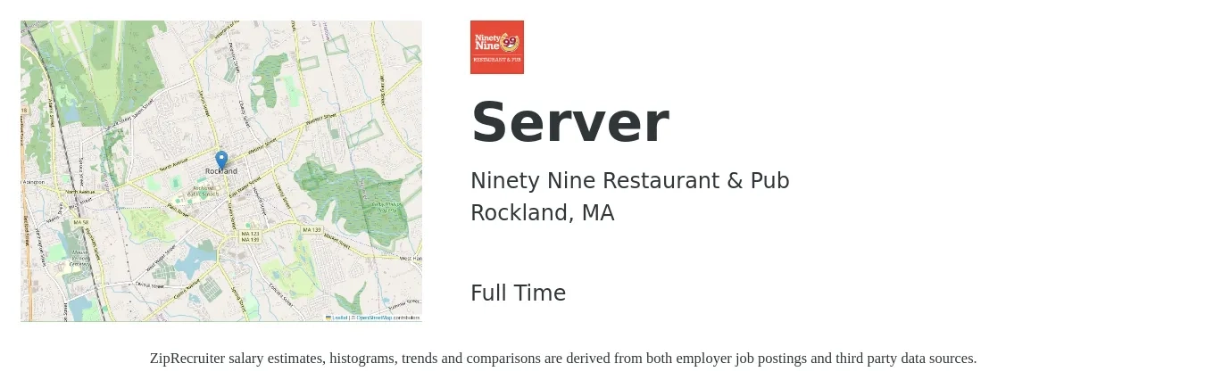 Ninety Nine Restaurant & Pub job posting for a Server in Rockland, MA with a salary of $12 to $19 Hourly with a map of Rockland location.