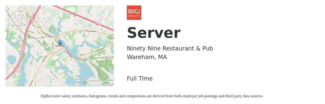 Ninety Nine Restaurant & Pub job posting for a Server in Wareham, MA with a salary of $11 to $19 Hourly with a map of Wareham location.