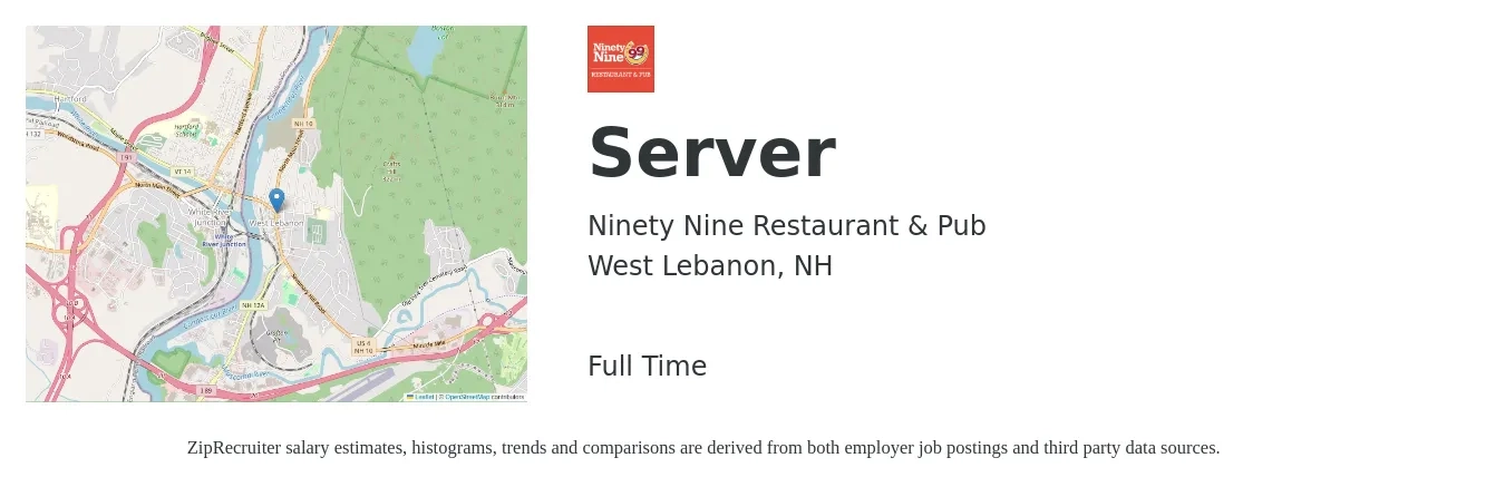 Ninety Nine Restaurant & Pub job posting for a Server in West Lebanon, NH with a salary of $10 to $17 Hourly with a map of West Lebanon location.