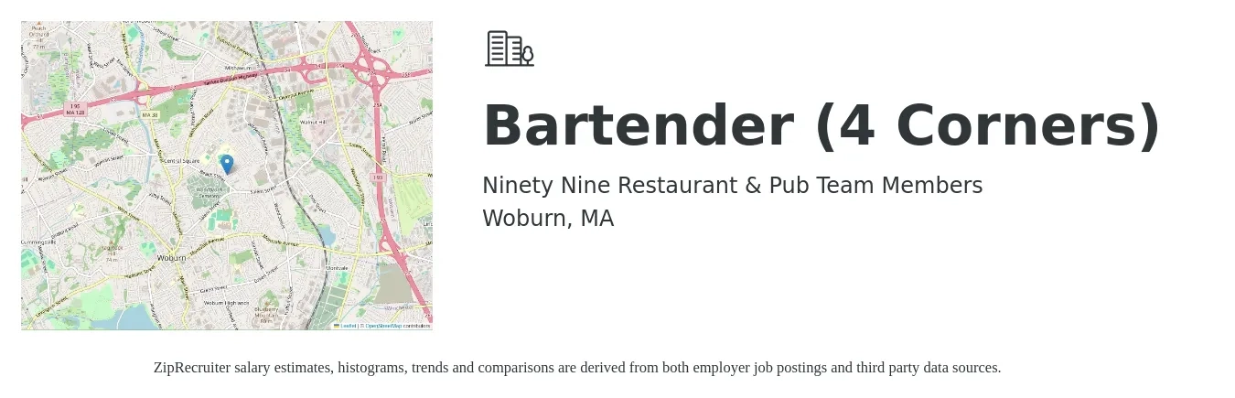 Ninety Nine Restaurant & Pub Team Members job posting for a Bartender (4 Corners) in Woburn, MA with a salary of $11 to $20 Hourly with a map of Woburn location.