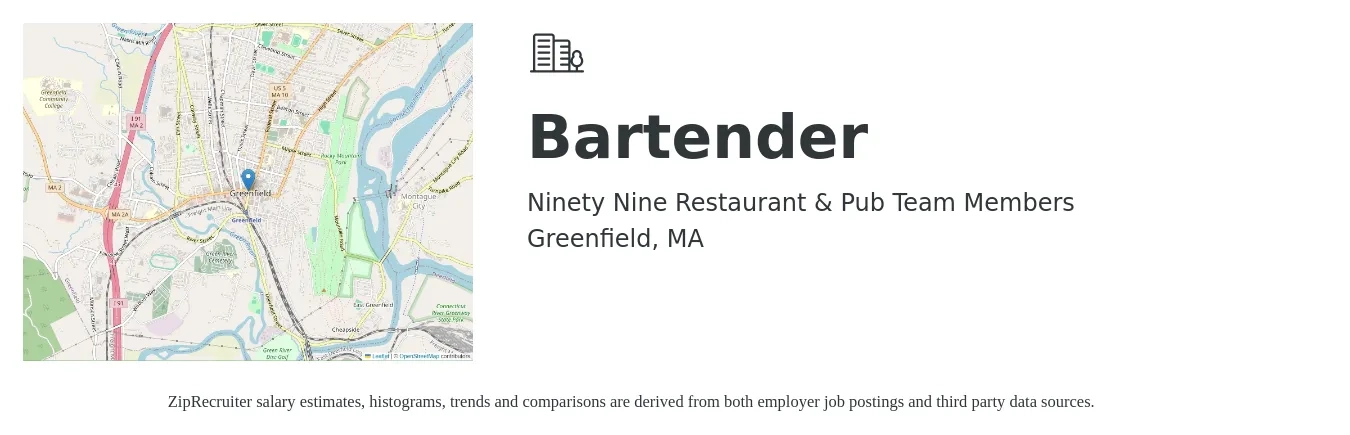 Ninety Nine Restaurant & Pub Team Members job posting for a Bartender in Greenfield, MA with a salary of $9 to $18 Hourly with a map of Greenfield location.