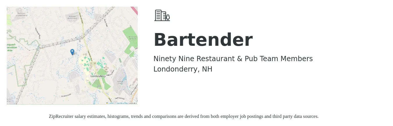 Ninety Nine Restaurant & Pub Team Members job posting for a Bartender in Londonderry, NH with a salary of $10 to $20 Hourly with a map of Londonderry location.