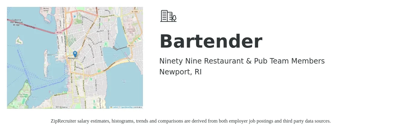 Ninety Nine Restaurant & Pub Team Members job posting for a Bartender in Newport, RI with a salary of $10 to $19 Hourly with a map of Newport location.