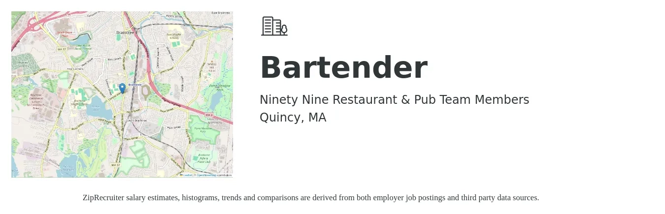 Ninety Nine Restaurant & Pub Team Members job posting for a Bartender in Quincy, MA with a salary of $10 to $20 Hourly with a map of Quincy location.