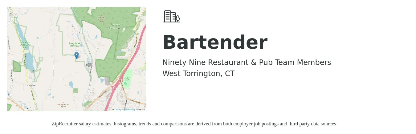 Ninety Nine Restaurant & Pub Team Members job posting for a Bartender in West Torrington, CT with a salary of $10 to $18 Hourly with a map of West Torrington location.