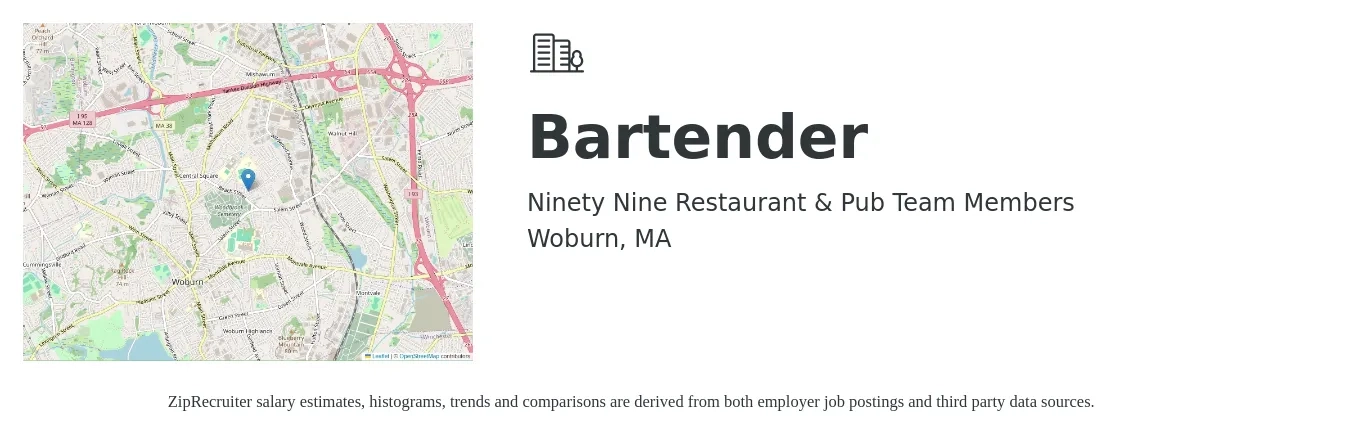 Ninety Nine Restaurant & Pub Team Members job posting for a Bartender in Woburn, MA with a salary of $11 to $20 Hourly with a map of Woburn location.