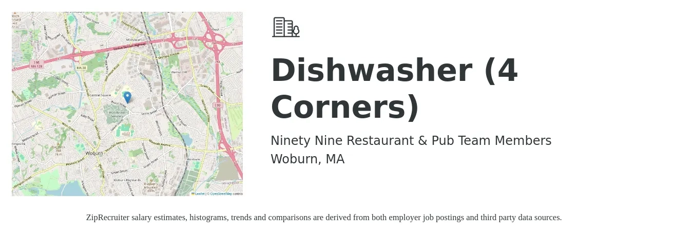 Ninety Nine Restaurant & Pub Team Members job posting for a Dishwasher (4 Corners) in Woburn, MA with a salary of $14 to $18 Hourly with a map of Woburn location.