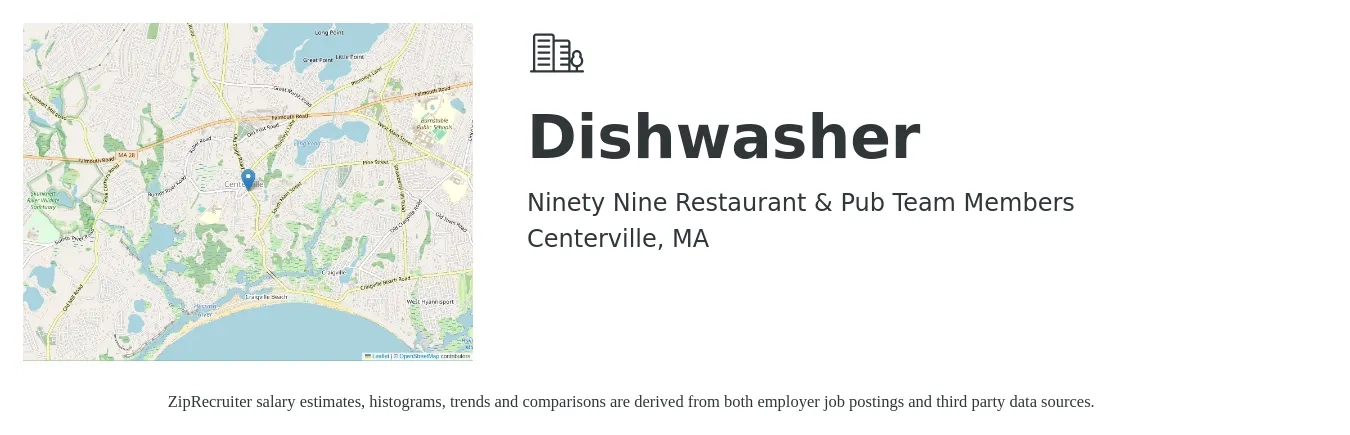 Ninety Nine Restaurant & Pub Team Members job posting for a Dishwasher in Centerville, MA with a salary of $14 to $18 Hourly with a map of Centerville location.