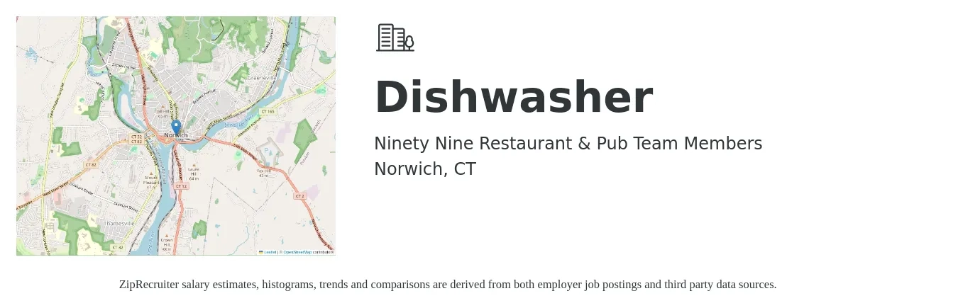 Ninety Nine Restaurant & Pub Team Members job posting for a Dishwasher in Norwich, CT with a salary of $13 to $17 Hourly with a map of Norwich location.