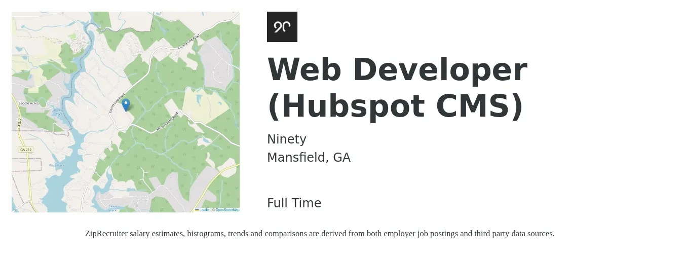 Ninety job posting for a Web Developer (Hubspot CMS) in Mansfield, GA with a salary of $33 to $52 Hourly with a map of Mansfield location.