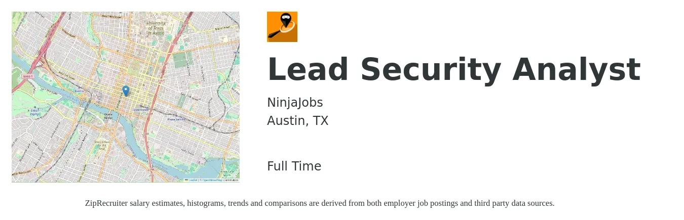 NinjaJobs job posting for a Lead Security Analyst in Austin, TX with a salary of $89,200 to $126,800 Yearly with a map of Austin location.