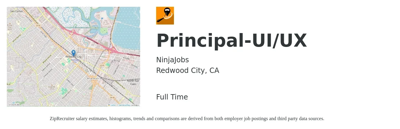 NinjaJobs job posting for a Principal-UI/UX in Redwood City, CA with a salary of $115,100 to $143,200 Yearly with a map of Redwood City location.