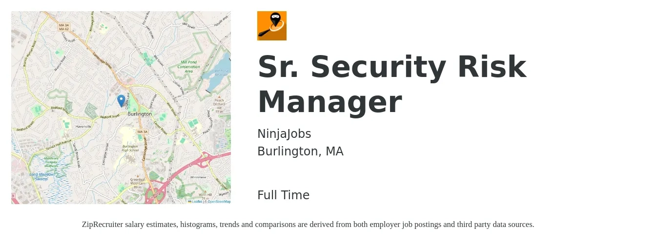 NinjaJobs job posting for a Sr. Security Risk Manager in Burlington, MA with a salary of $21 to $33 Hourly with a map of Burlington location.