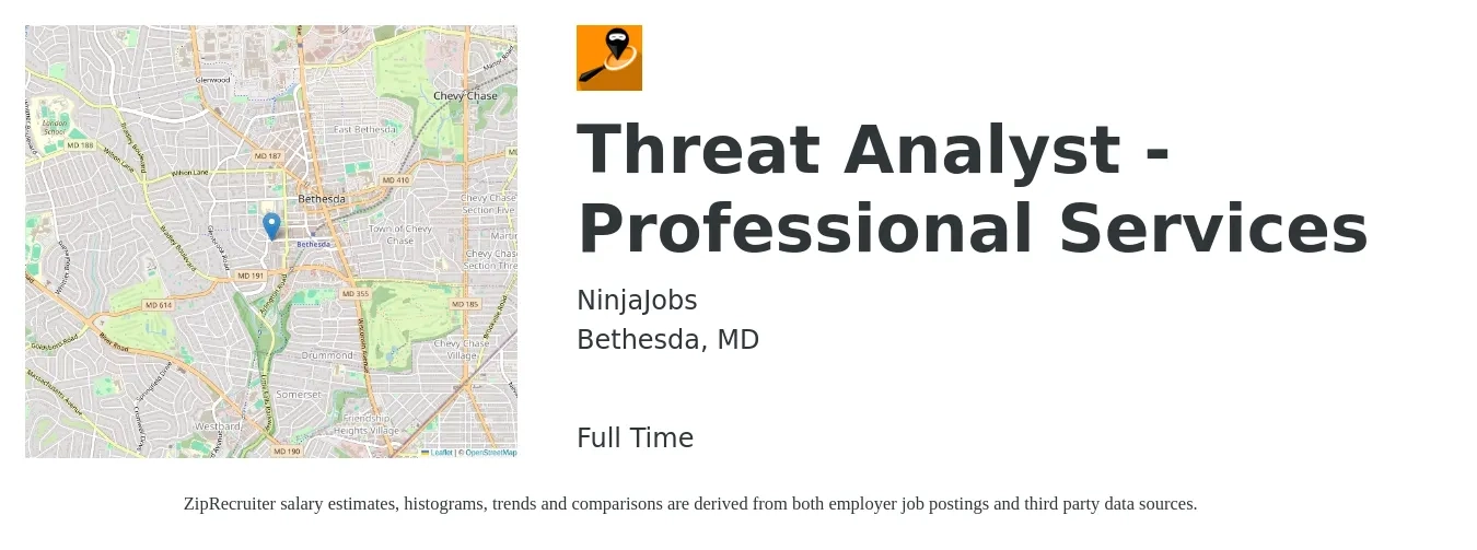 NinjaJobs job posting for a Threat Analyst - Professional Services in Bethesda, MD with a salary of $62 to $73 Hourly with a map of Bethesda location.