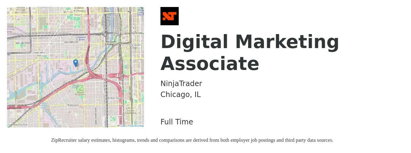 NinjaTrader job posting for a Digital Marketing Associate in Chicago, IL with a salary of $43,800 to $73,100 Yearly with a map of Chicago location.