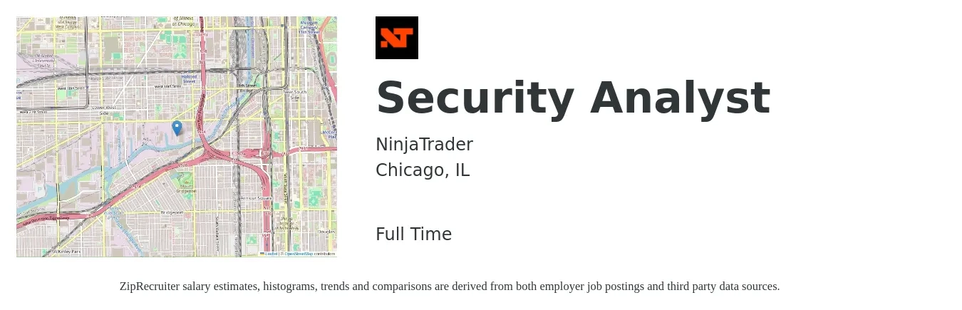 NinjaTrader job posting for a Security Analyst in Chicago, IL with a salary of $94,300 to $133,900 Yearly with a map of Chicago location.