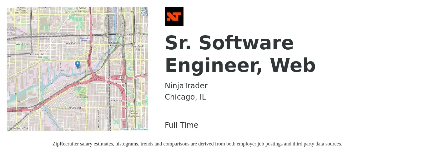 NinjaTrader job posting for a Sr. Software Engineer, Web in Chicago, IL with a salary of $126,200 to $166,400 Yearly with a map of Chicago location.