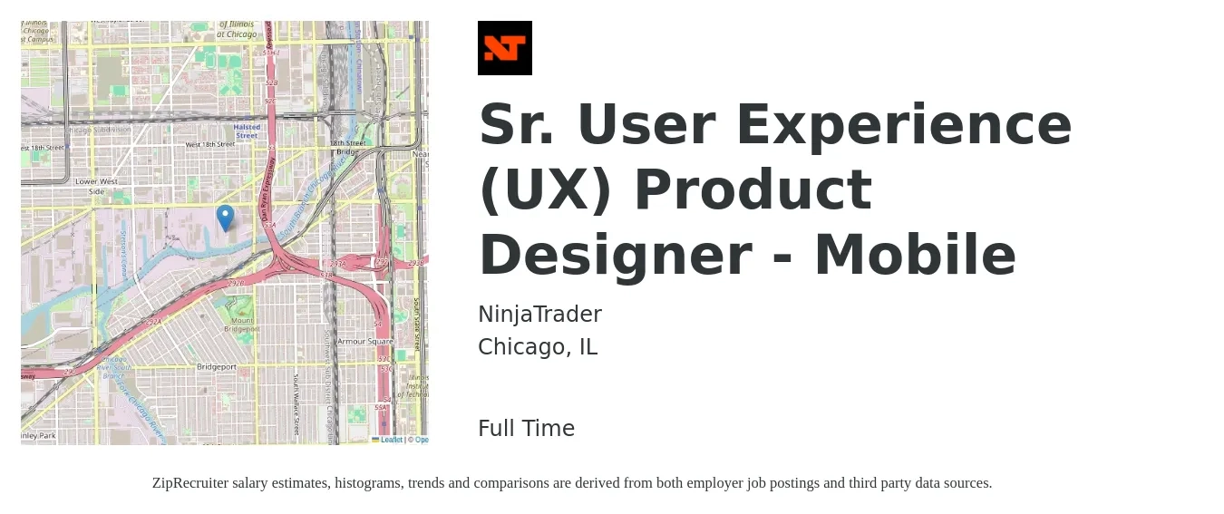 NinjaTrader job posting for a Sr. User Experience (UX) Product Designer - Mobile in Chicago, IL with a salary of $58 to $81 Hourly with a map of Chicago location.