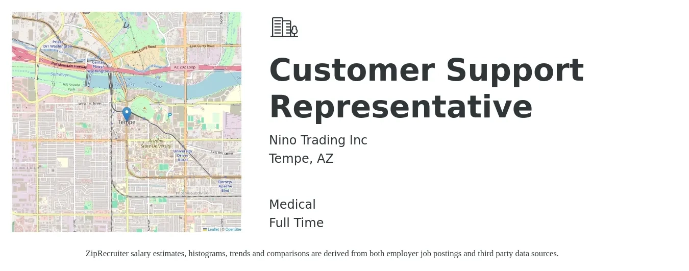 Nino Trading Inc job posting for a Customer Support Representative in Tempe, AZ with a salary of $16 to $21 Hourly and benefits including medical with a map of Tempe location.