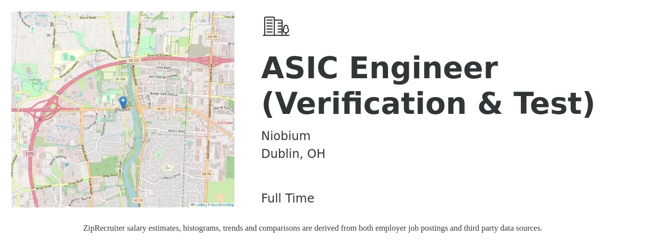 Niobium job posting for a ASIC Engineer (Verification & Test) in Dublin, OH with a salary of $128,400 to $165,700 Yearly with a map of Dublin location.