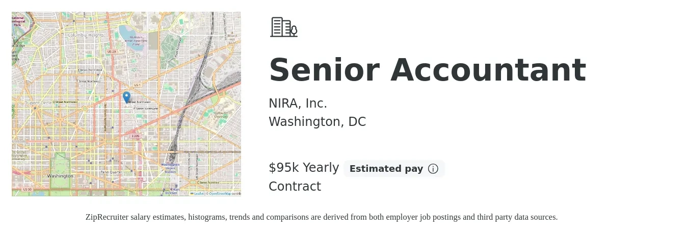 NIRA, Inc. job posting for a Senior Accountant in Washington, DC with a salary of $95,000 Yearly with a map of Washington location.