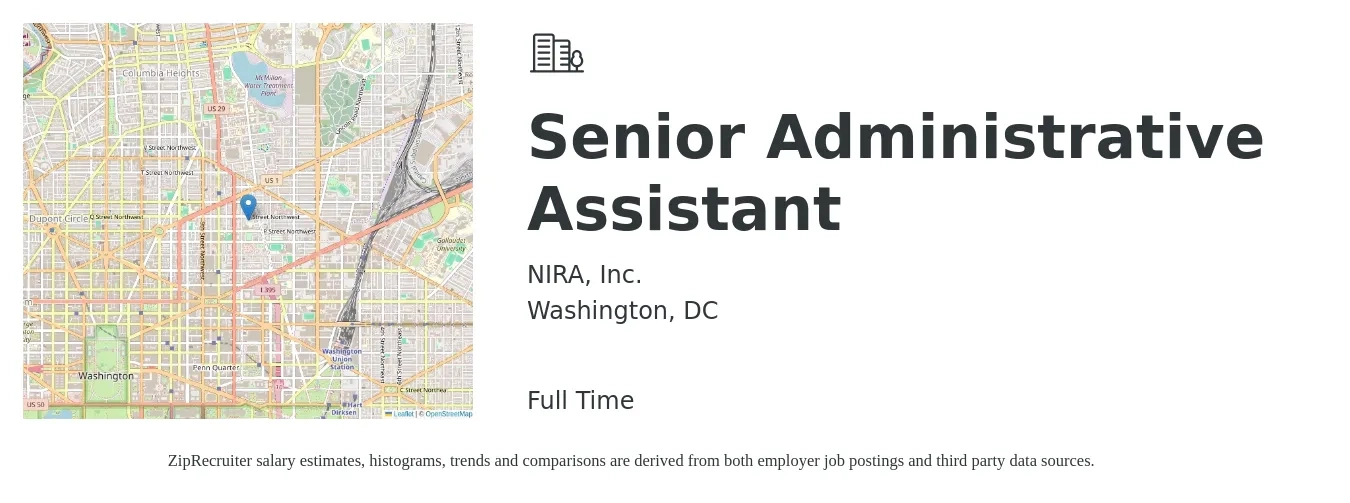 NIRA, Inc. job posting for a Senior Administrative Assistant in Washington, DC with a salary of $75,000 Yearly with a map of Washington location.