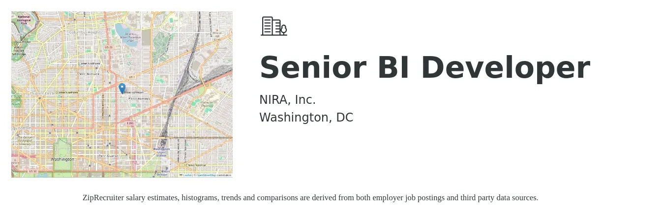 NIRA, Inc. job posting for a Senior BI Developer in Washington, DC with a salary of $130,000 Yearly with a map of Washington location.