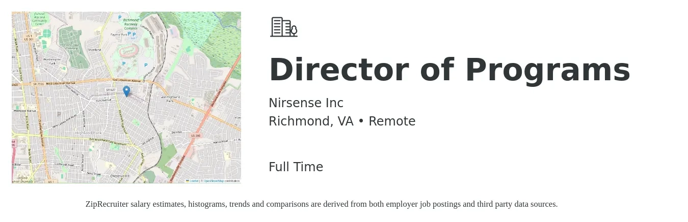 Nirsense Inc job posting for a Director of Programs in Richmond, VA with a salary of $49,100 to $85,600 Yearly with a map of Richmond location.