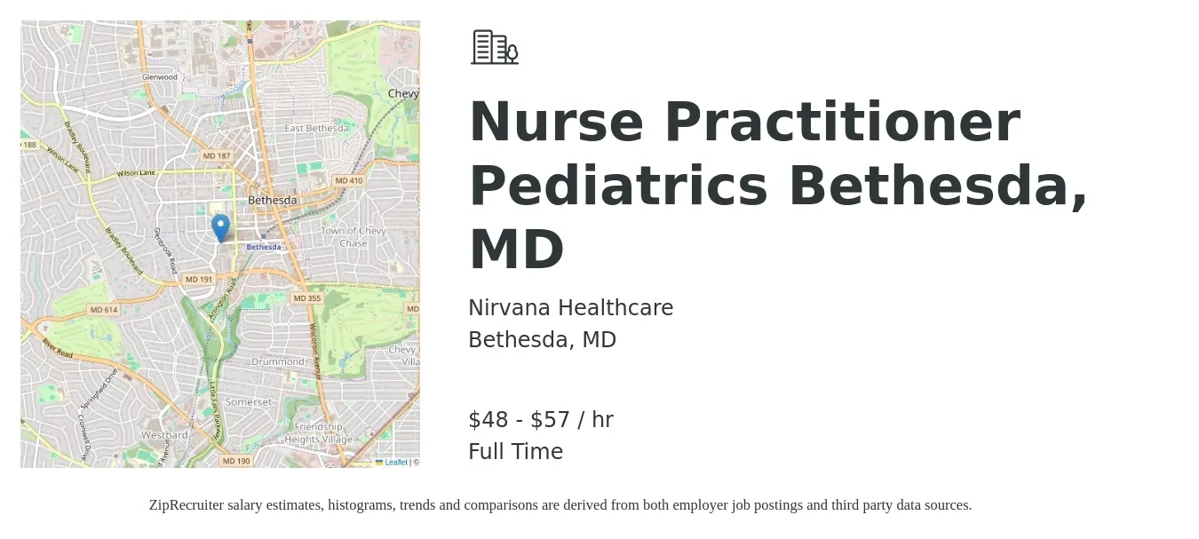 Nirvana Healthcare job posting for a Nurse Practitioner Pediatrics Bethesda, MD in Bethesda, MD with a salary of $50 to $60 Hourly with a map of Bethesda location.