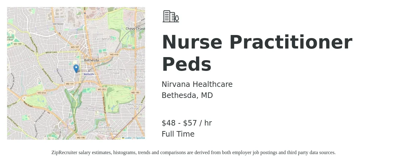 Nirvana Healthcare job posting for a Nurse Practitioner Peds in Bethesda, MD with a salary of $50 to $60 Hourly with a map of Bethesda location.