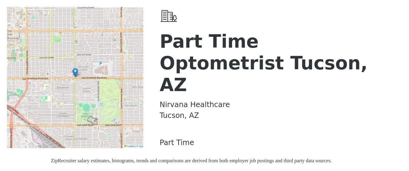 Nirvana Healthcare job posting for a Part Time Optometrist Tucson, AZ in Tucson, AZ with a salary of $650 to $1,300 Daily with a map of Tucson location.