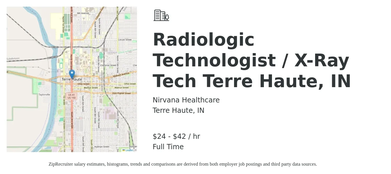 Nirvana Healthcare job posting for a Radiologic Technologist / X-Ray Tech Terre Haute, IN in Terre Haute, IN with a salary of $25 to $44 Hourly with a map of Terre Haute location.