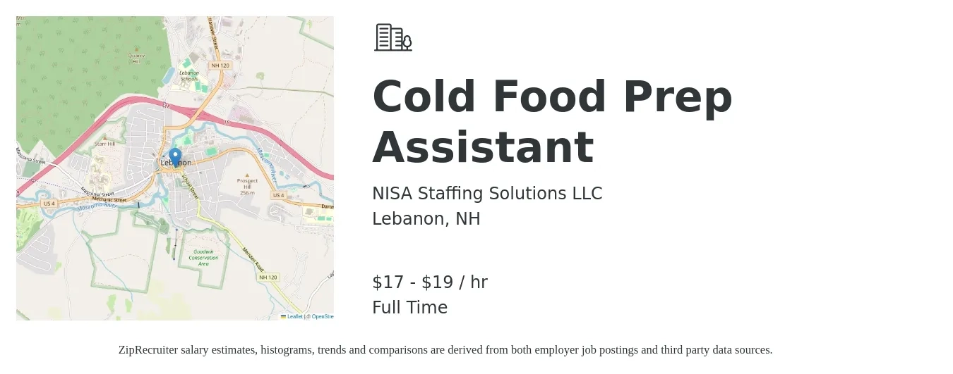 NISA Staffing Solutions LLC job posting for a Cold Food Prep Assistant in Lebanon, NH with a salary of $18 to $20 Hourly with a map of Lebanon location.
