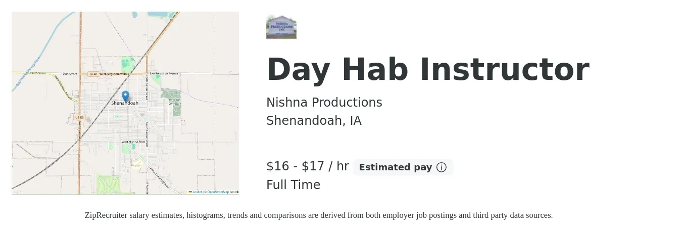Nishna Productions job posting for a Day Hab Instructor in Shenandoah, IA with a salary of $17 to $18 Hourly with a map of Shenandoah location.