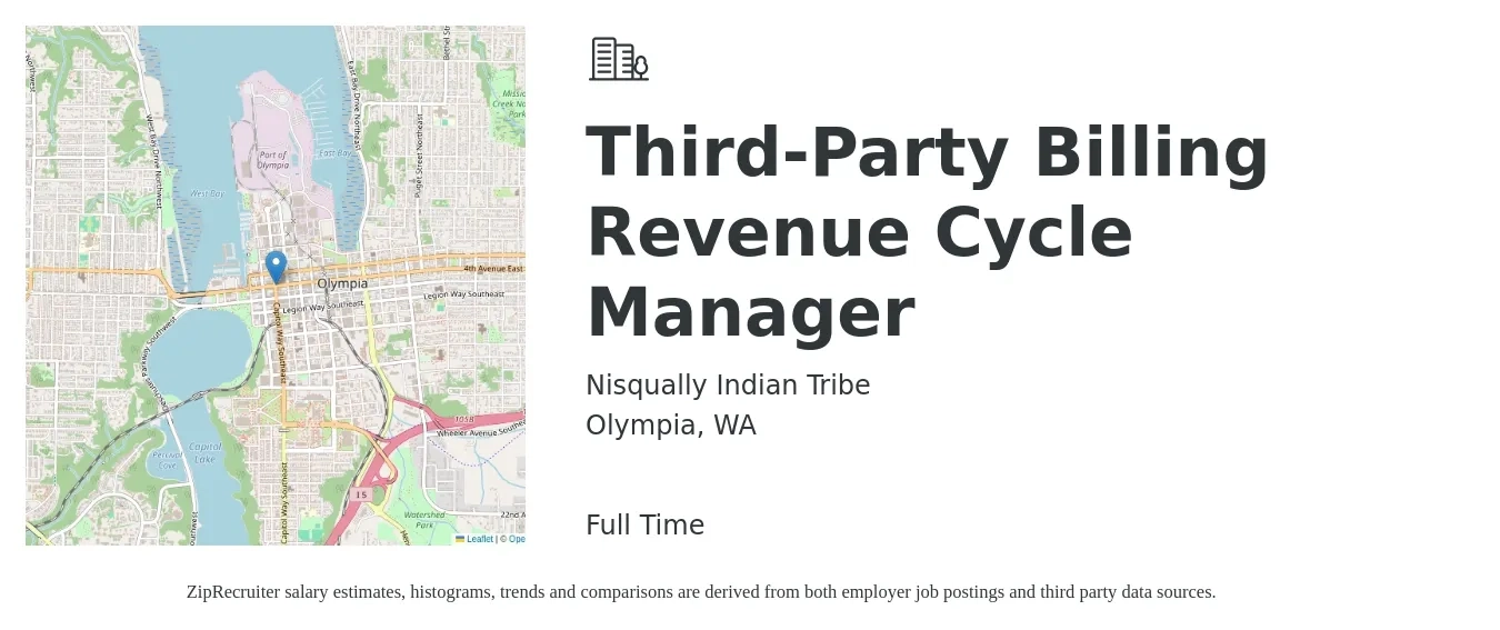 Nisqually Indian Tribe job posting for a Third-Party Billing Revenue Cycle Manager in Olympia, WA with a map of Olympia location.