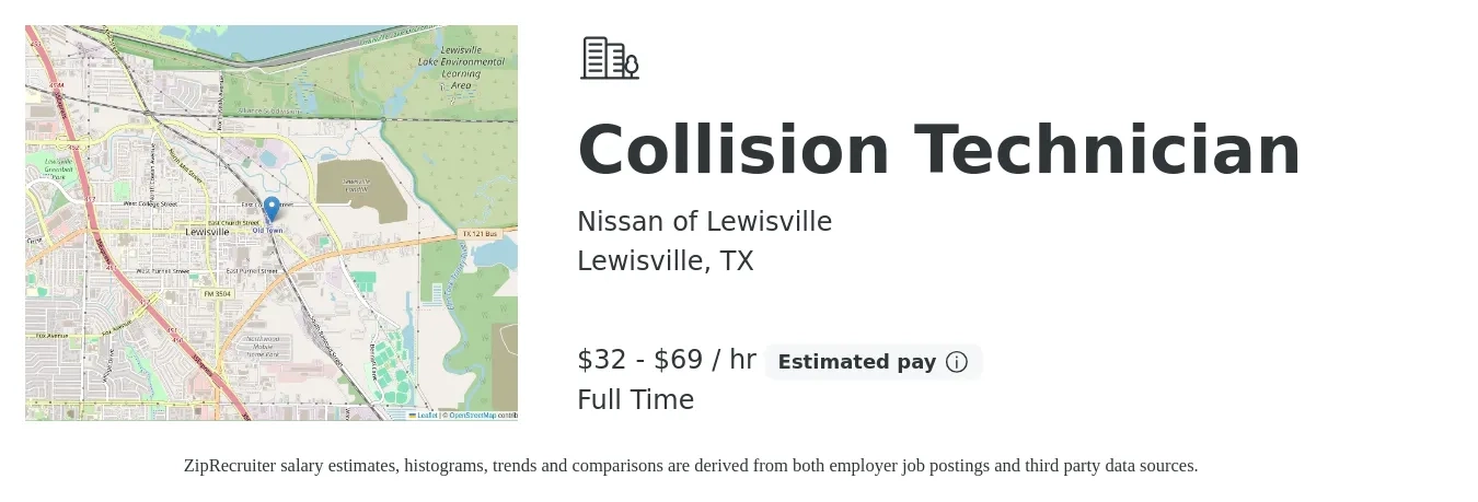 Nissan of Lewisville job posting for a Collision Technician in Lewisville, TX with a salary of $70,000 to $150,000 Yearly with a map of Lewisville location.