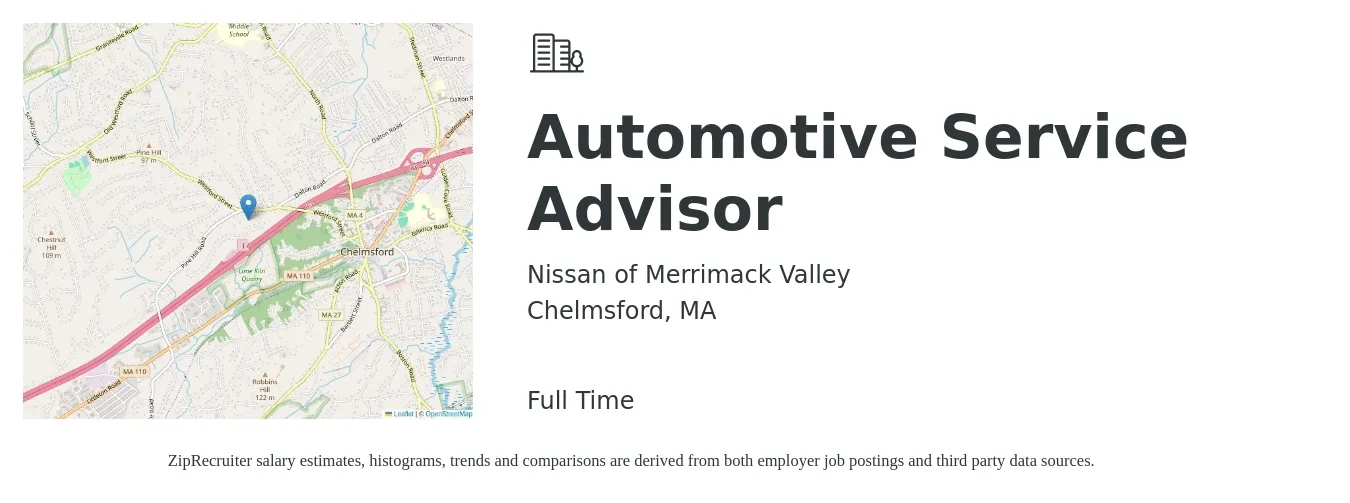 Nissan of Merrimack Valley job posting for a Automotive Service Advisor in Chelmsford, MA with a salary of $20 to $32 Hourly with a map of Chelmsford location.