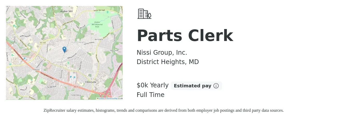 Nissi Group, Inc. job posting for a Parts Clerk in District Heights, MD with a salary of $25 Yearly with a map of District Heights location.