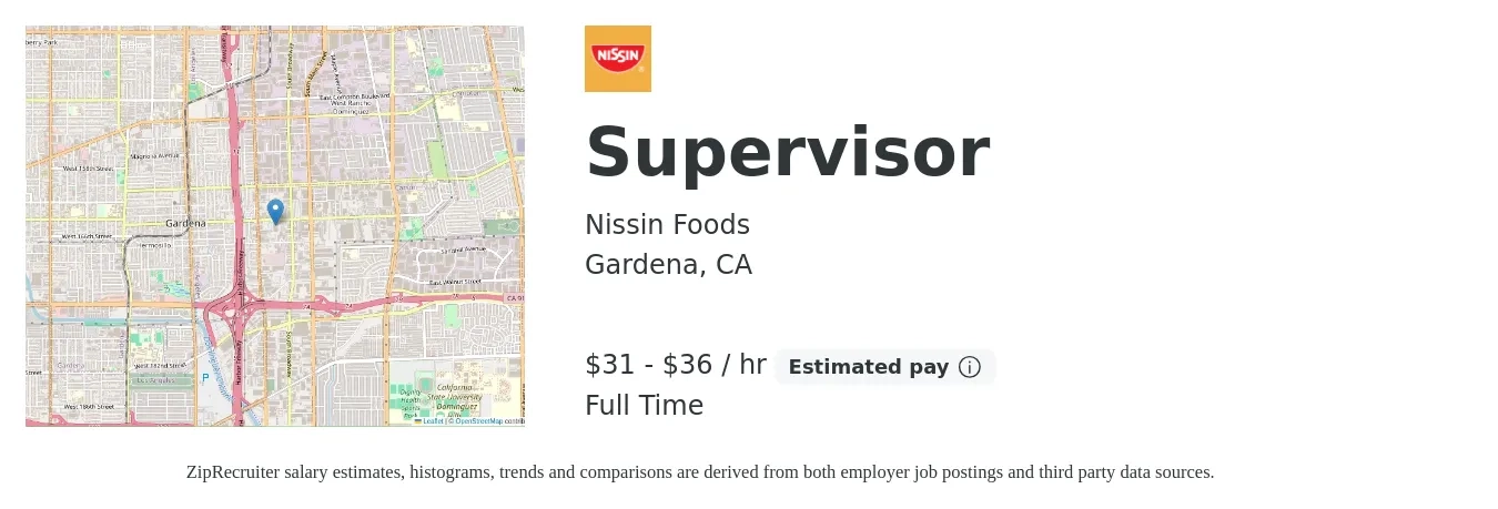 Nissin Foods job posting for a Supervisor in Gardena, CA with a salary of $33 to $38 Hourly with a map of Gardena location.