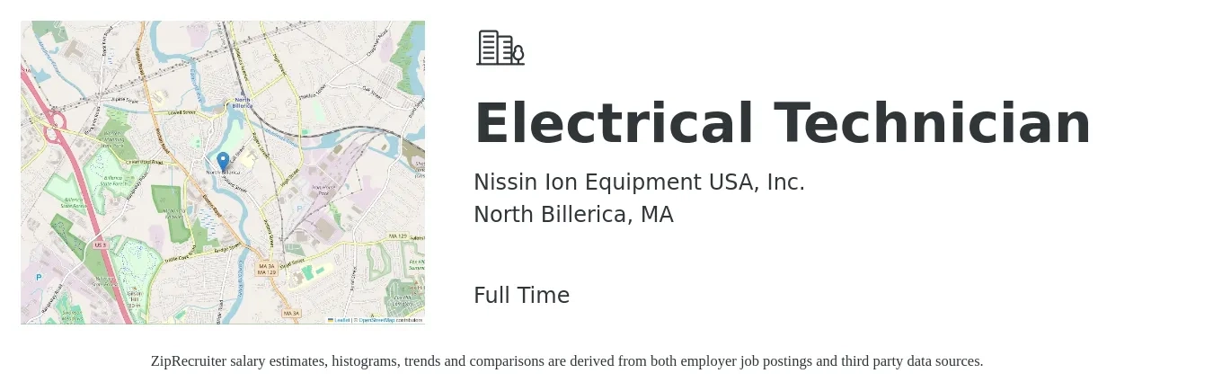 Nissin Ion Equipment USA, Inc. job posting for a Electrical Technician in North Billerica, MA with a salary of $24 to $36 Hourly with a map of North Billerica location.